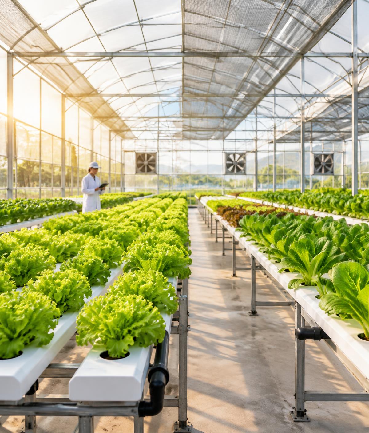 Modern hydroponic growing rows inside a bright polyhouse