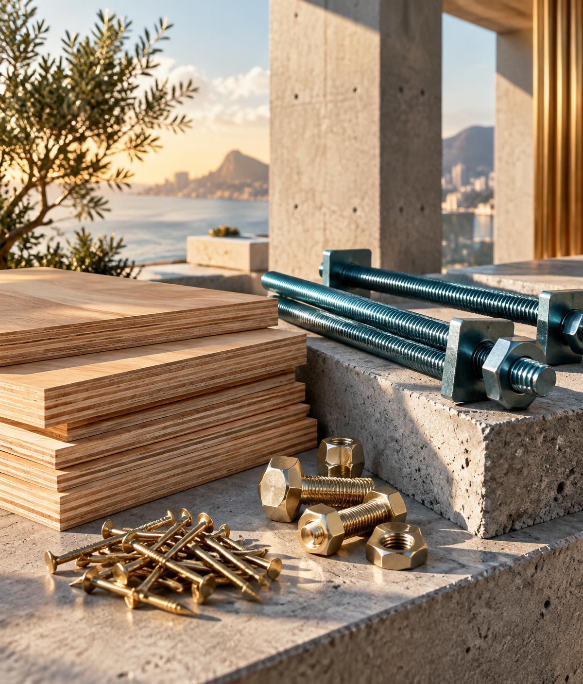 Plywood, tie rods, bolts and construction materials