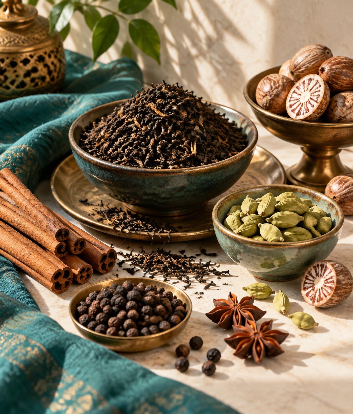 Indian tea, spices and areca nuts in an editorial arrangement