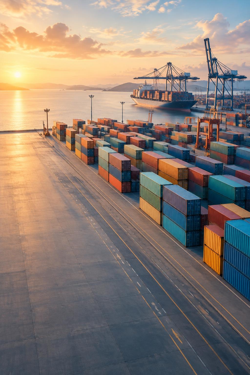 Illustrative aerial view of a container port at sunrise